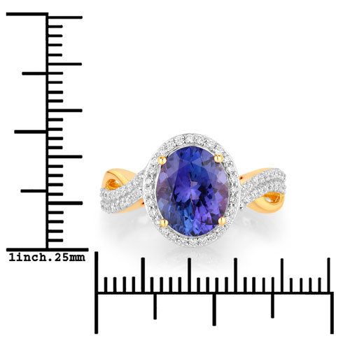 Anillo de 2.79 quilates de tanzanita genuina y diamantes en oro amarillo de 14K