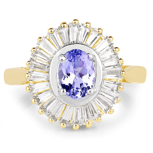Bague en Tanzanite et Topaze Blanche Plaquée Or Jaune 14K