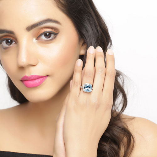 Bague de fiançailles en argent sterling avec topaze bleue et topaze blanche de 7,18 carats