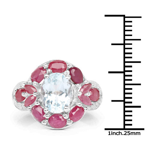 3.54 Carat Aquamarine, Ruby & White Topaz Sterling Silver Ring