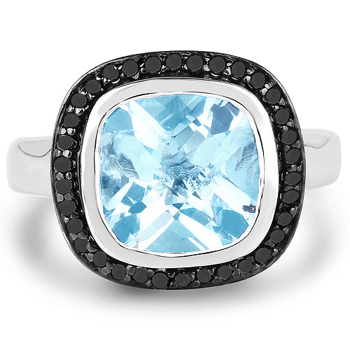 5.23 Carat Swiss Blue Topaz & Black Diamond Sterling Silver Ring