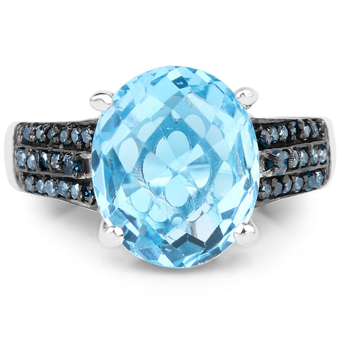 Bague en argent sterling de 5,51 carats en topaze bleue suisse et diamants bleus