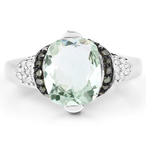 2.92 Carat Green Amethyst & Diamond Sterling Silver Ring