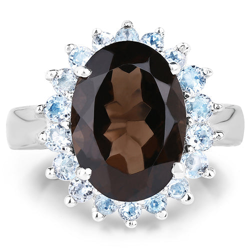 Anillo de Plata Esterlina con Cuarzo Ahumado de 6.79 Quilates y Topacio Azul