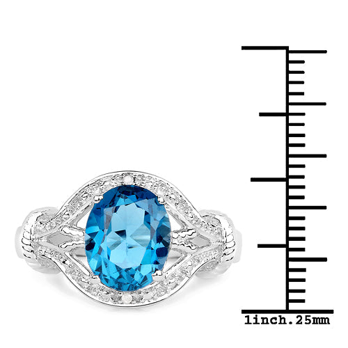 Anillo de Topacio Azul Londres de 3.26 Quilates y Diamante Blanco en Plata de Ley
