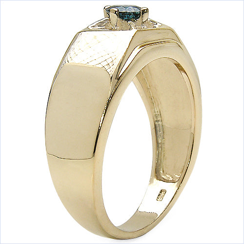14K Yellow Gold Plated Blue Diamond Sterling Silver Engagement Ring