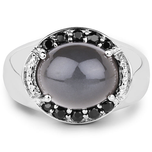 Bague en Pierre de Lune Grise et Spinelle Noir de 5,68 Carats