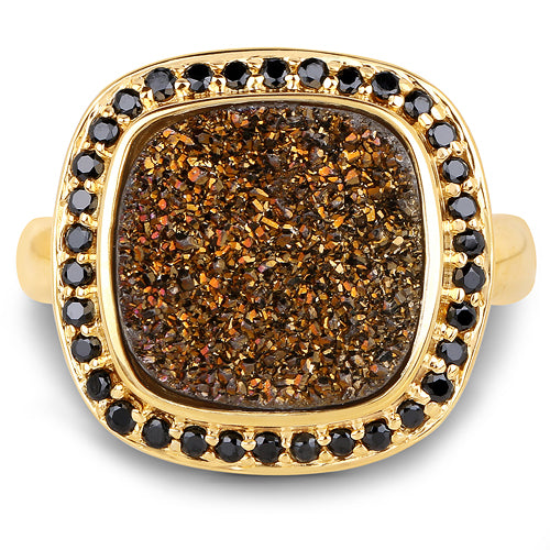 Anillo de cóctel de cuarzo drusy y espinela negra chapado en oro amarillo de 14K