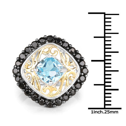 Bague en Topaze Bleue Suisse et Spinelle Noir Plaquée Deux Tons de 2,85 Carats