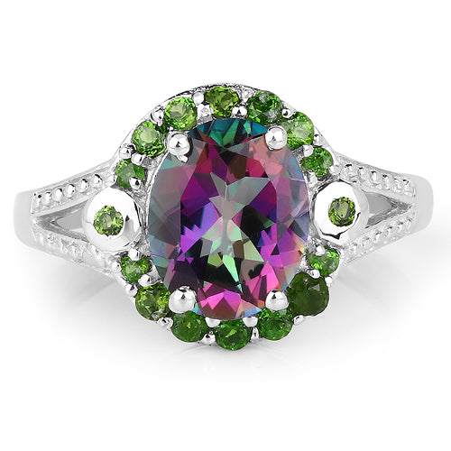 Bague en argent sterling de 3,92 carats en quartz mystique et diopside chrome