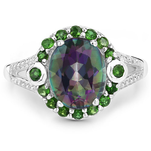 3.92 Carat Genuine Rainbow Quartz & Chrome Diopside Sterling Silver Ring