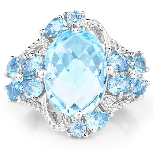 9.50 Carat Blue Topaz & Swiss Blue Topaz Sterling Silver Ring