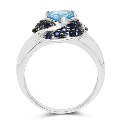Bague en argent sterling avec topaze bleue suisse de 1,61 carat et saphirs bleus