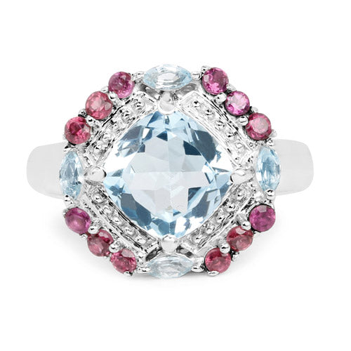 4.73 Carat Blue Topaz and Rhodolite Sterling Silver Ring