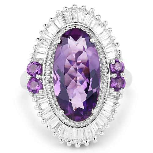 Bague en argent sterling avec améthyste véritable de 7,96 carats et topaze blanche