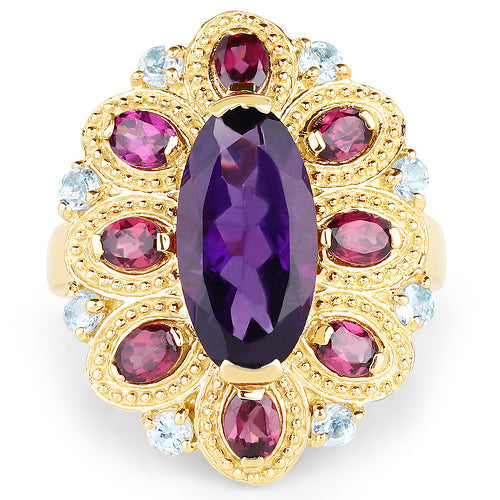 Bague cocktail en plaqué or jaune 14K avec améthyste et topaze