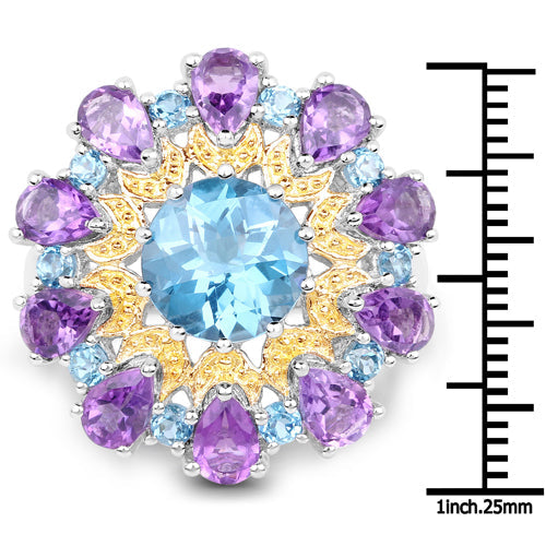 Bague en argent sterling avec topaze bleue de Londres et améthyste de 8,86 carats