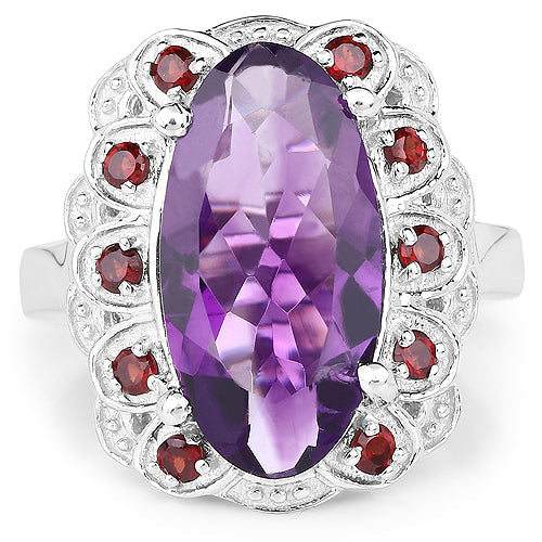 6.40 Carat Genuine Amethyst and Garnet Sterling Silver Ring