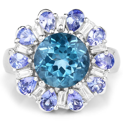 Anillo de plata esterlina con topacio azul de Londres y tanzanita de 6.19 quilates