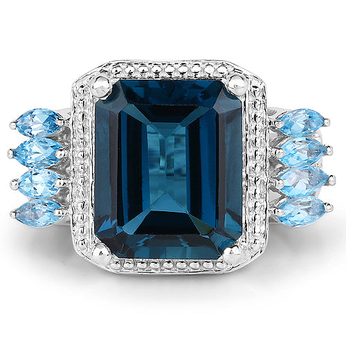 Anillo de Topacio Azul de Londres y Topacio Azul Suizo de 8.17 Quilates