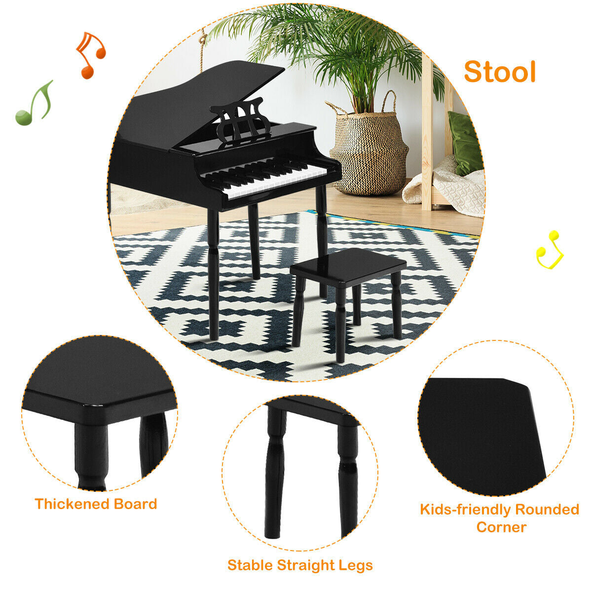Piano à queue en bois pour enfants avec 30 touches et banc - Noir