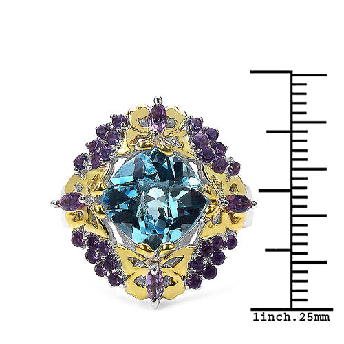Bague en argent sterling avec topaze bleue et améthyste de 5,66 carats