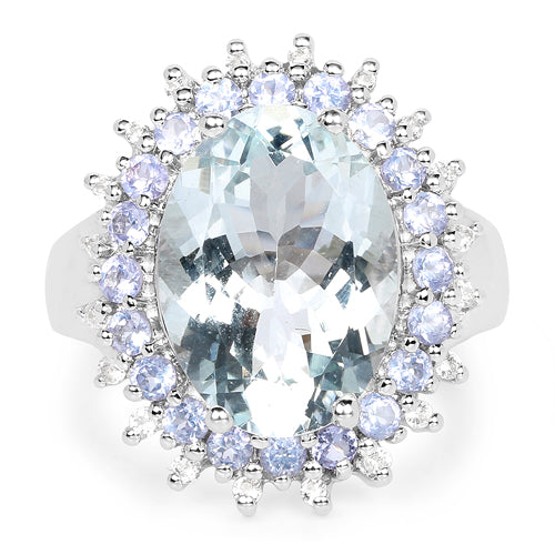 5.30 Carat Aquamarine, Tanzanite & White Topaz Sterling Silver Ring