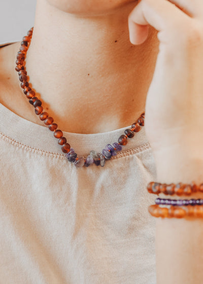 Raw Cognac Baltic Amber + Raw Amethyst || Necklace - Korvel