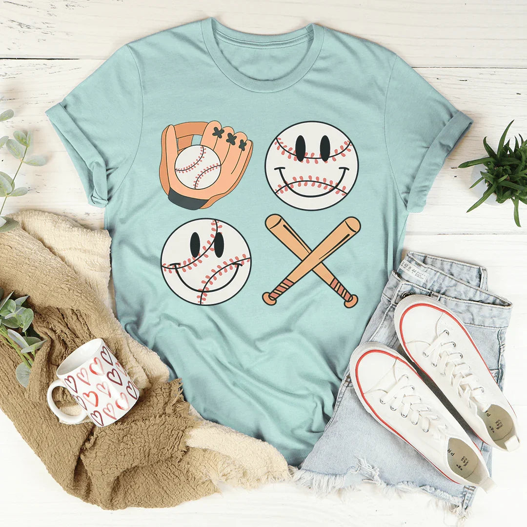 Camiseta de béisbol retro con cara sonriente
