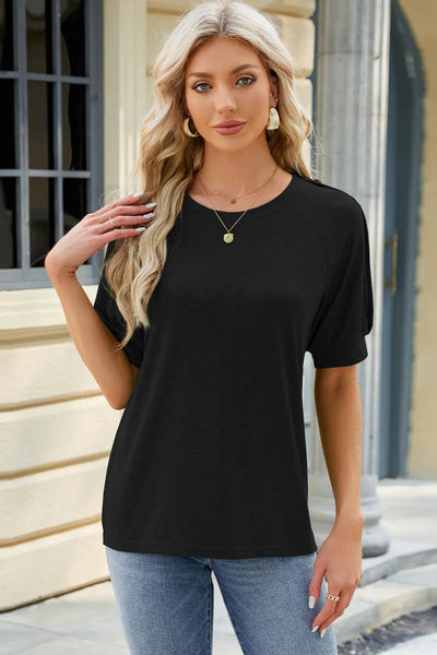Round Neck Buttoned Short Sleeve T-Shirt - Korvel