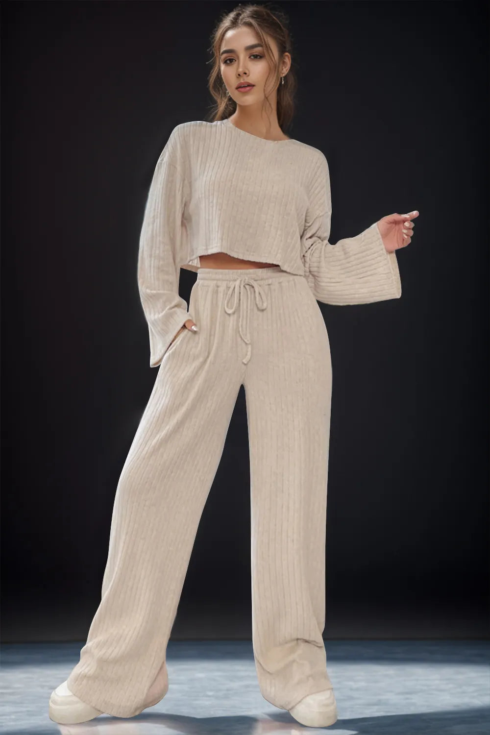 Round Neck Long Sleeve Top and Pants Set - Korvel