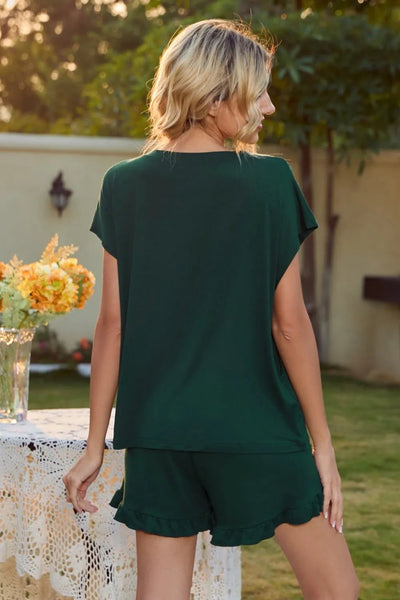 Round Neck Short Sleeve T-Shirt and Drawstring Shorts Lounge Set - Korvel