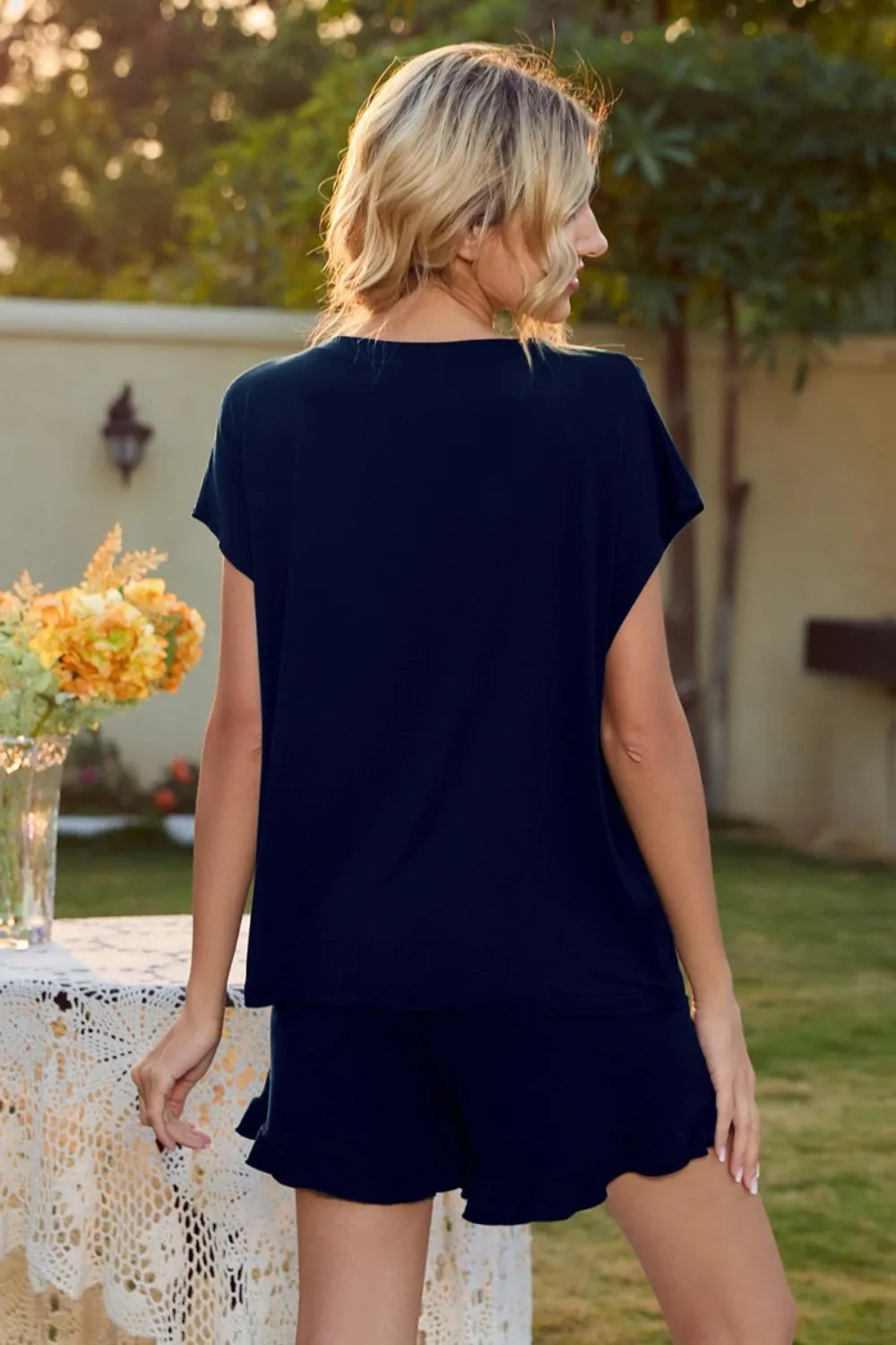 Round Neck Short Sleeve T-Shirt and Drawstring Shorts Lounge Set - Korvel