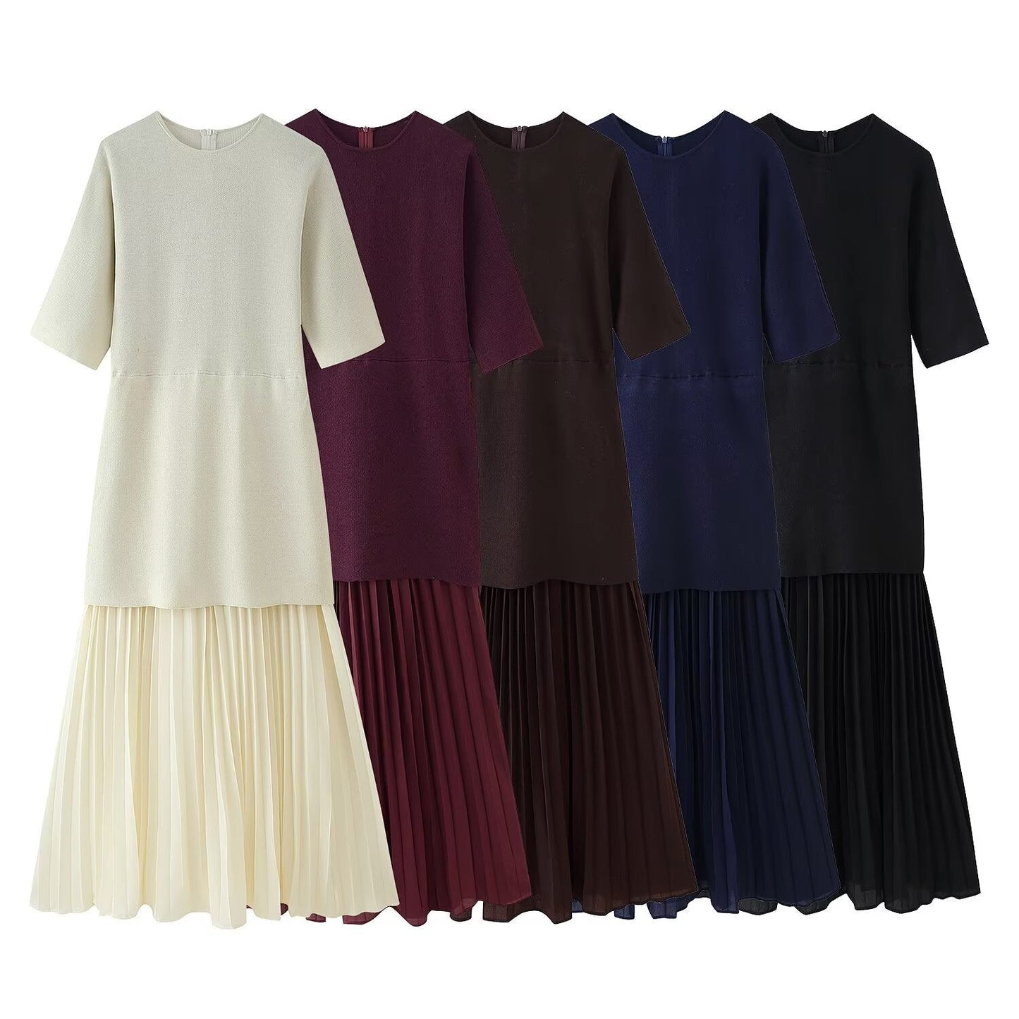 Elegant Round Neck Short Sleeved Pleated Dress