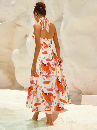 Ruched Printed Halter Neck Dress - Korvel