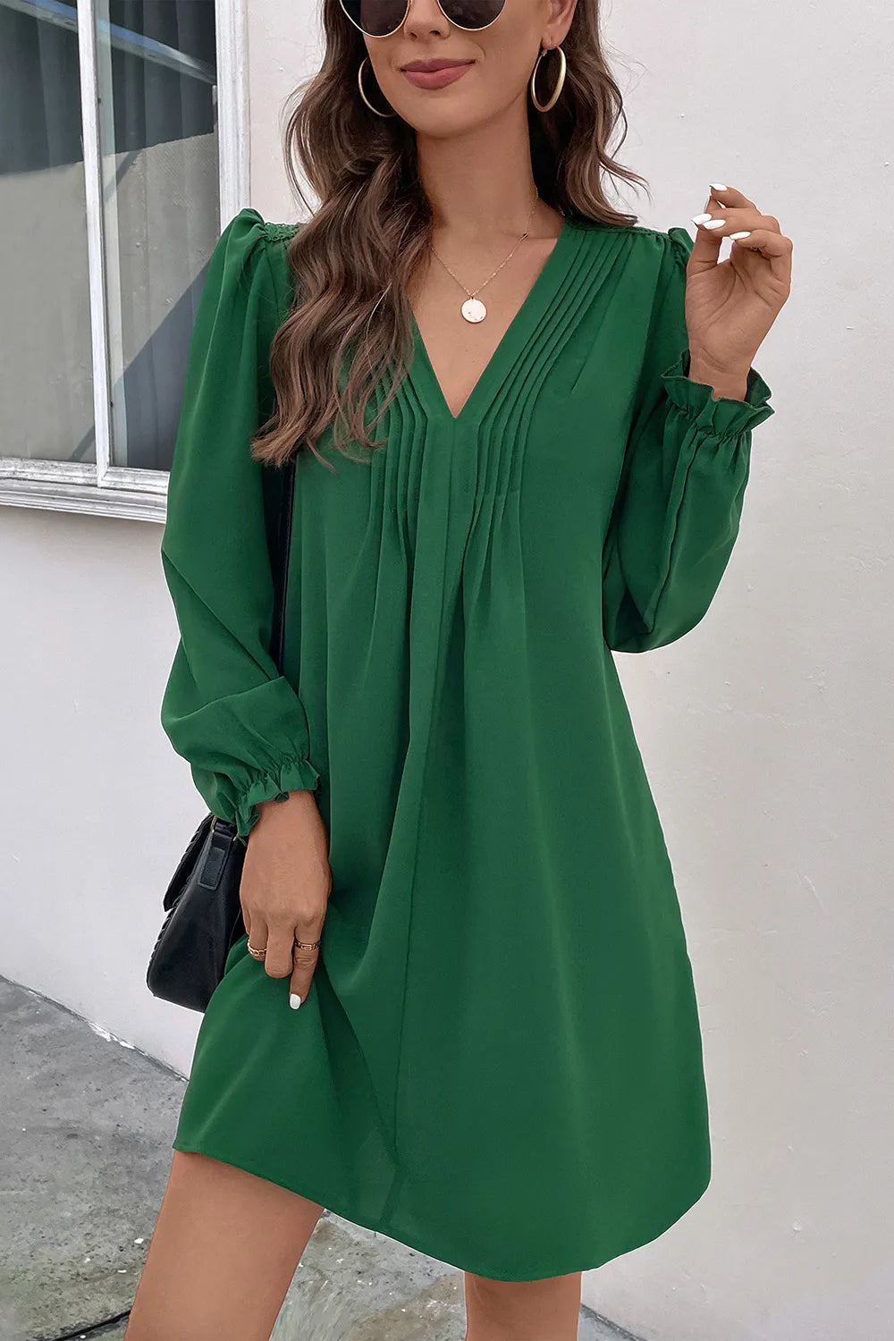Ruched V-Neck Flounce Sleeve Dress - Korvel