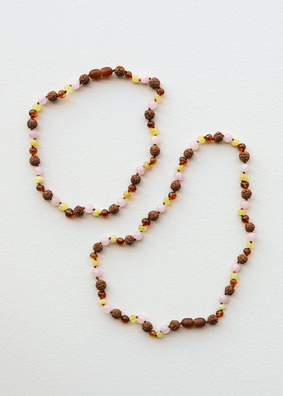 Cognac Baltic Sea Amber + Rudraksha || Rose Quartz || Necklace Set - Korvel
