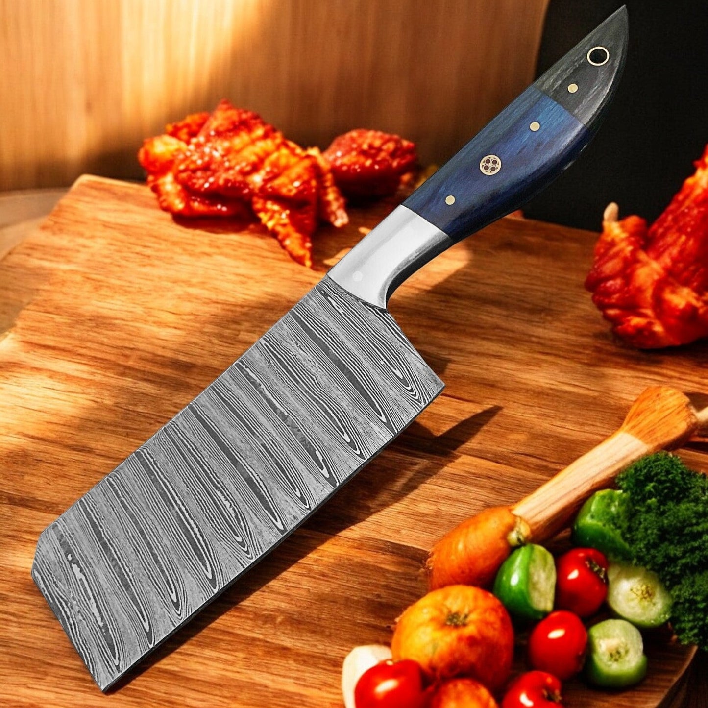 Meat Hacker – Premium Damascus Cleaver with Exotic Wood Handle & Leather Sheath - Korvel