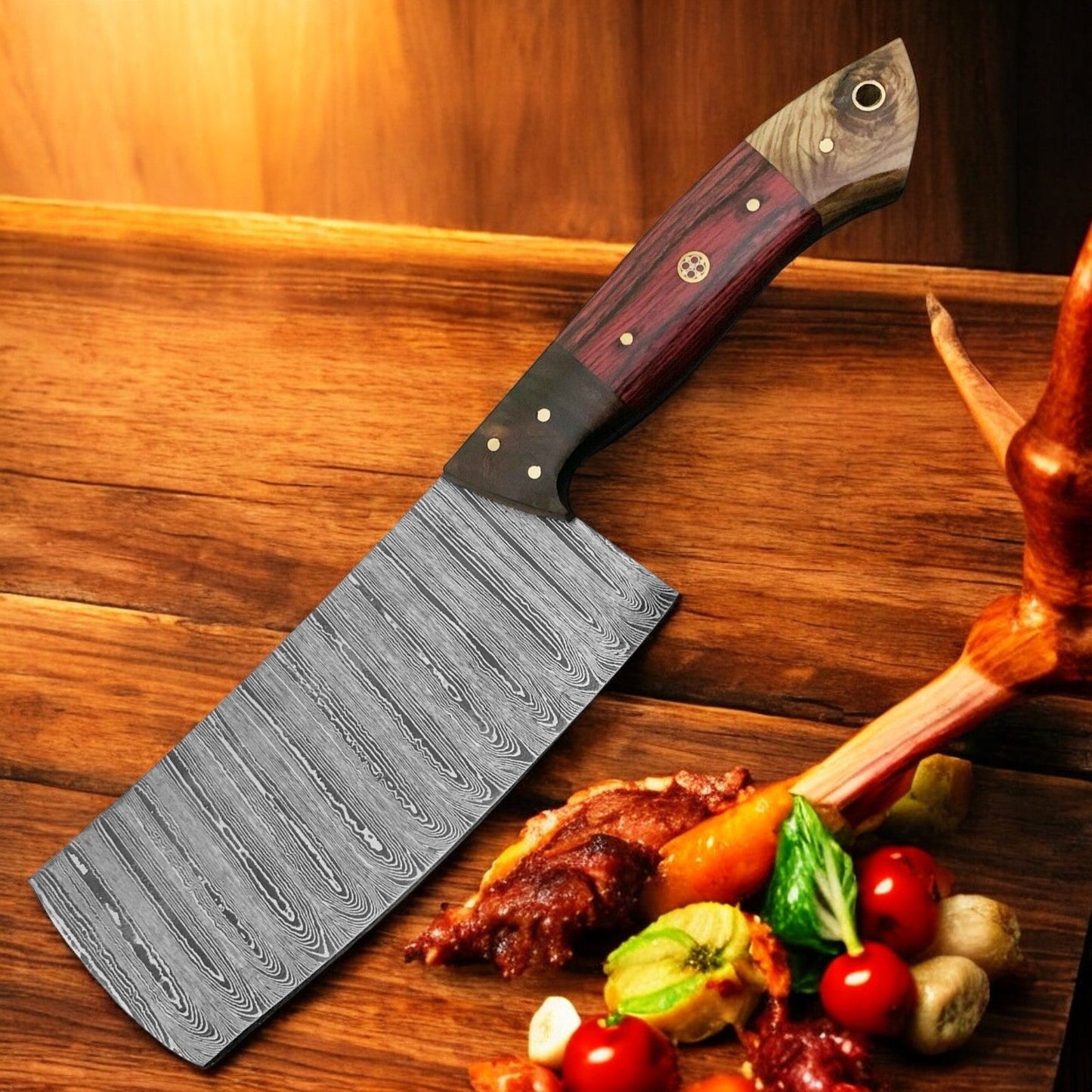 Premium Handmade Damascus Cleaver Knife with Exotic Wood Handle - Korvel