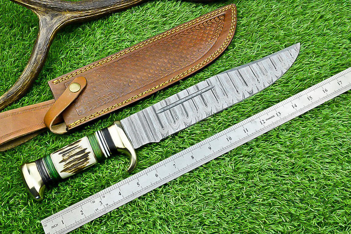 Premium Dundee Bowie Knife – 16" Handcrafted Damascus Steel Blade with Brass Guard & Choice of Pakkawood or Stag Horn Handle + Leather Sheat - Korvel