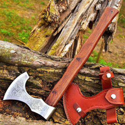 Artisan Crafted Viking Tomahawk Axe - Hand Engraved High Carbon Steel with Rosewood Handle - Korvel