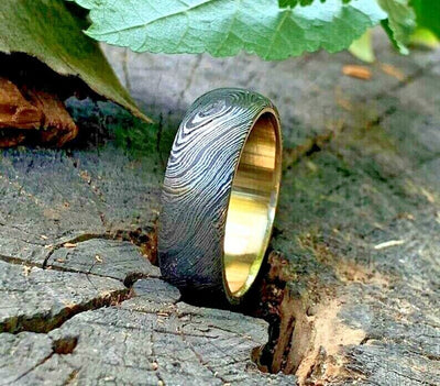 Personalized Damascus Steel Anniversary Band with Elegant Brass Inlay - Korvel