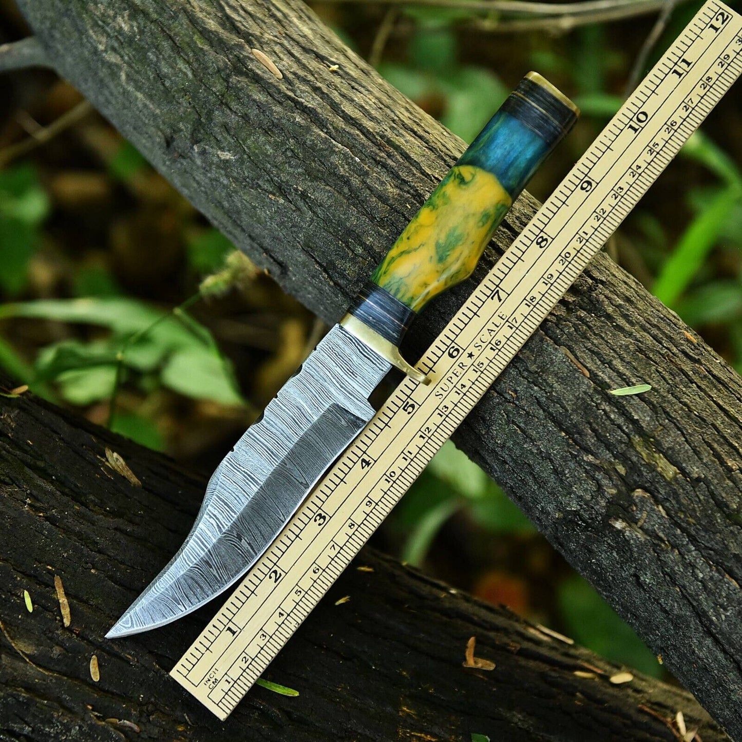 Premium Damascus Steel Hunting Knife – 10" with Elegant Brass Guard & Pakkawood Handle, Includes Leather Sheath - Korvel