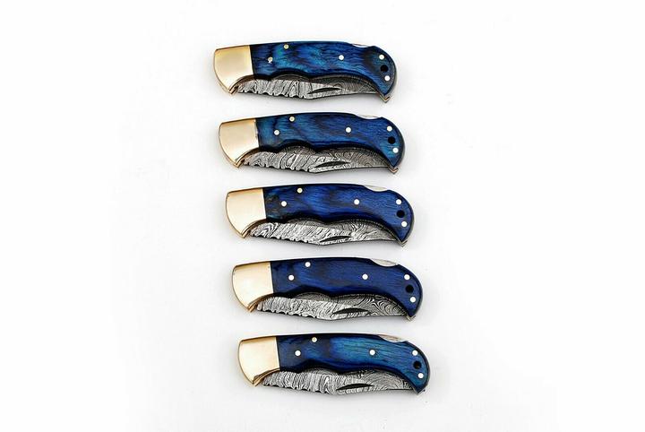 Set of 5 Exquisite Handmade Damascus Steel Folding Knives - Korvel