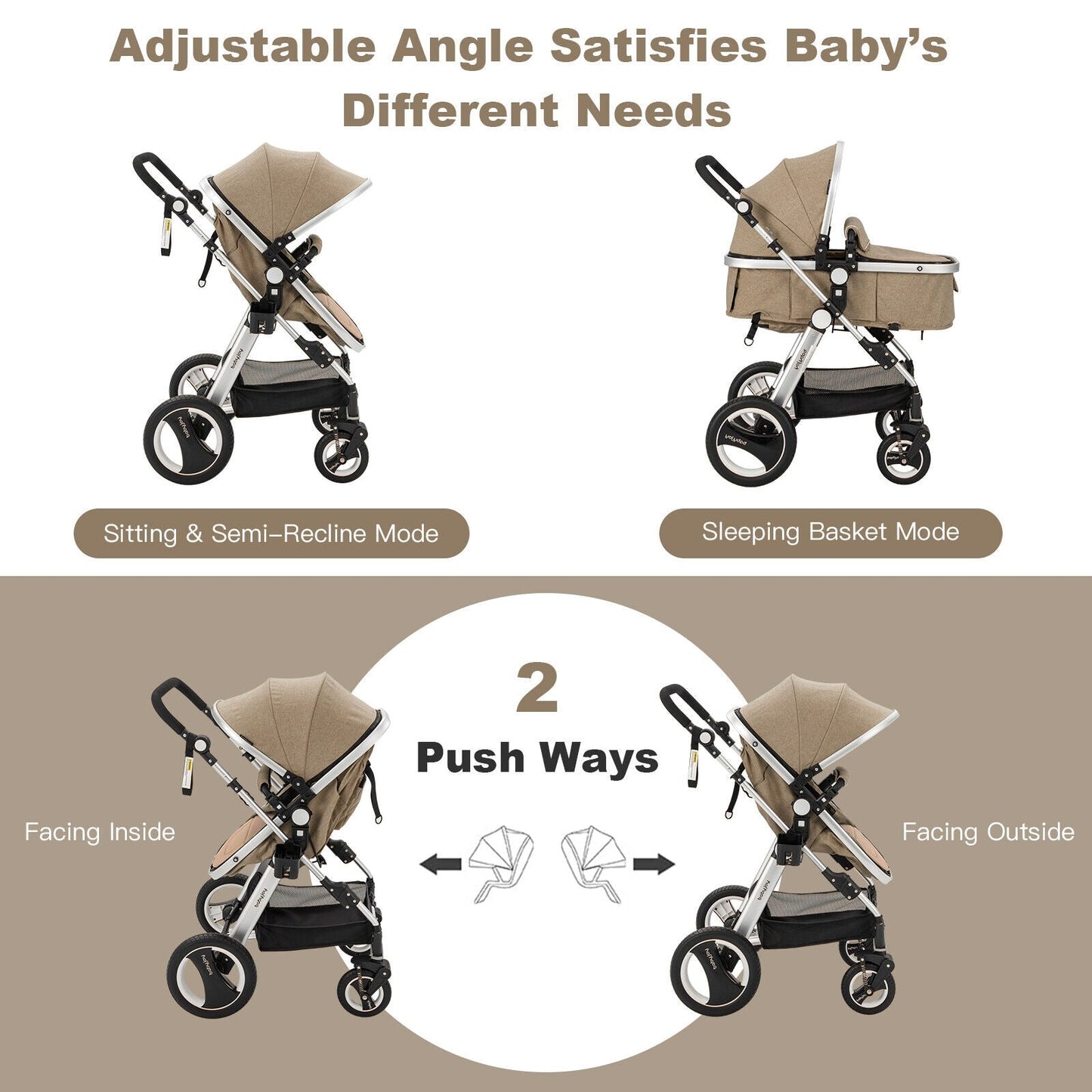 Folding Aluminum Baby Stroller with Diaper Bag - Beige