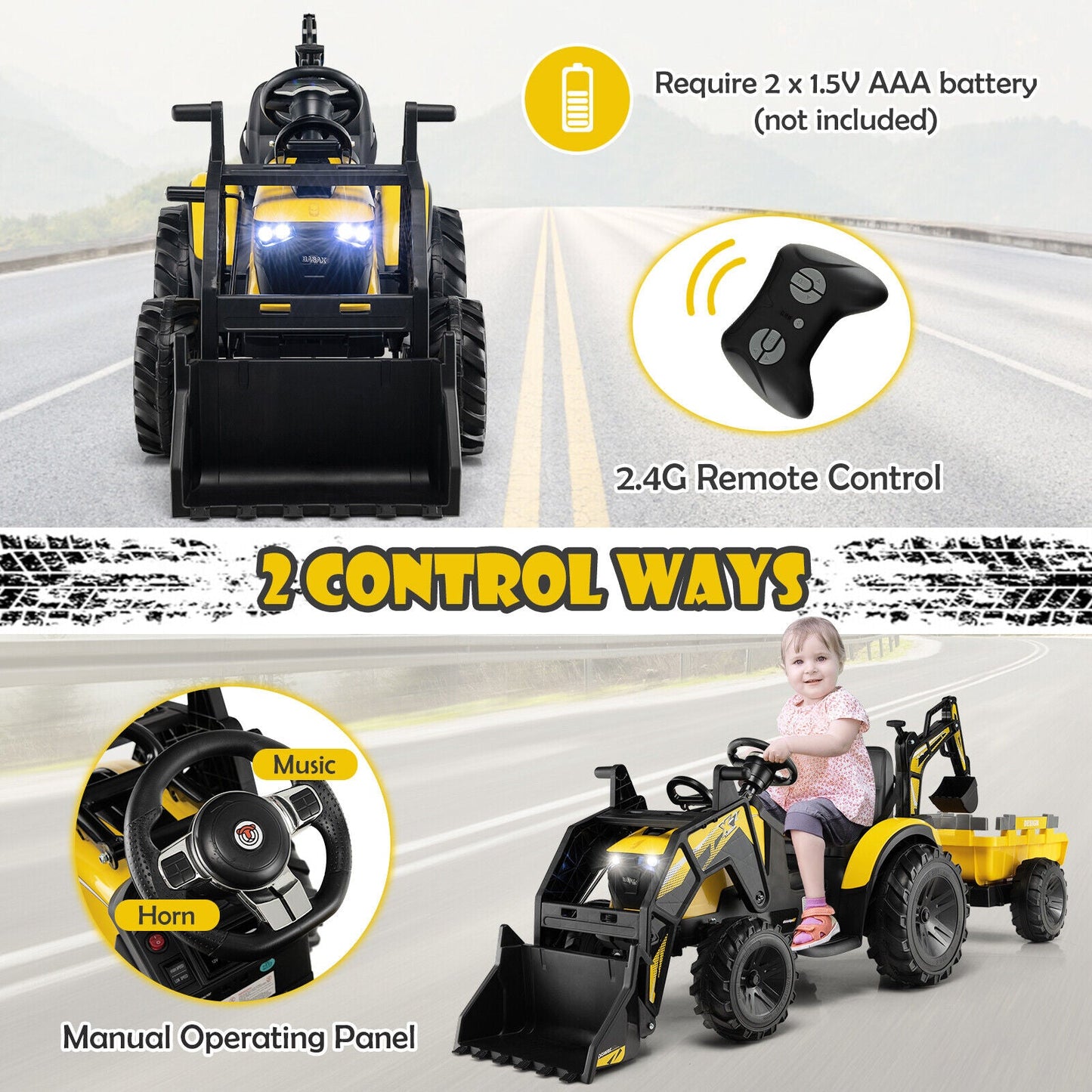 Excavatrice à conduire pour enfants 12V 3 en 1 - Jaune