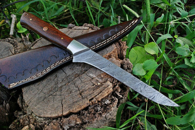 Exquisite Custom Damascus Steel Fillet Knife with Elegant Rosewood Handle - Korvel