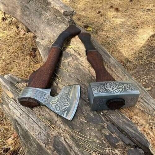Warrior's Forge: Premium Tomahawk & Hammer Set with Custom Engraved 1095 Steel Blades - Korvel