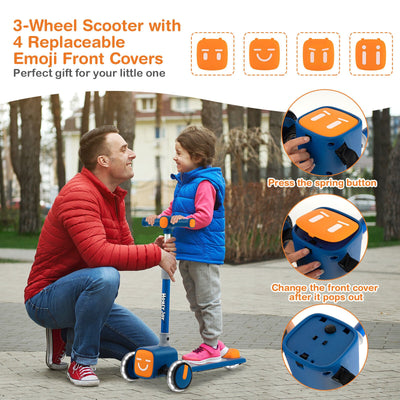 Folding Adjustable Kids Scooter with LED Wheels & Emoji Covers - Blue