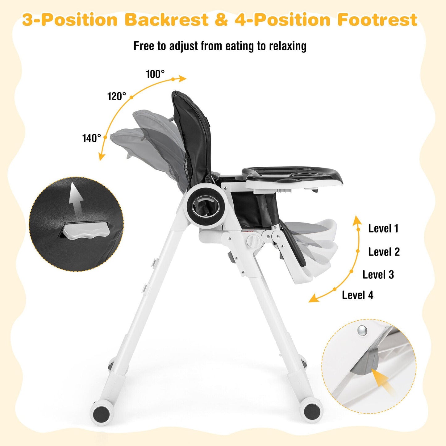 Gbruno Foldable Baby High Chair with Lockable Wheels - Black